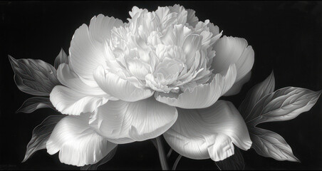  a black and white photo of a large flower with leaves on it's stem and a single flower on it's stem, in the center of a black background.