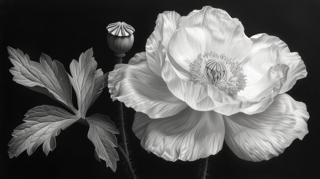  a black and white photo of a white flower and a black and white picture of a flower on a black background, with a single flower in the foreground.