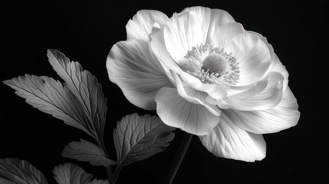  a black and white photo of a flower with a green leaf in the middle of the flower and a white flower in the middle of the flower, on a black background.