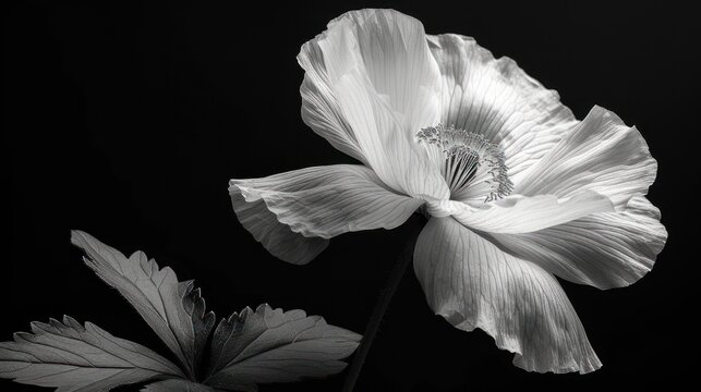 a black and white photo of a flower with a leaf in the foreground and a single white flower in the middle of the image, with a black background.