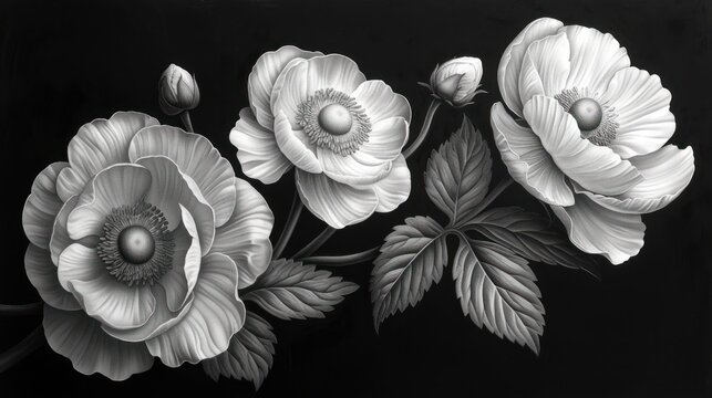  a black and white painting of three white flowers on a black background, with leaves and buds in the middle of the petals, and the petals in the middle of the middle of the petals.