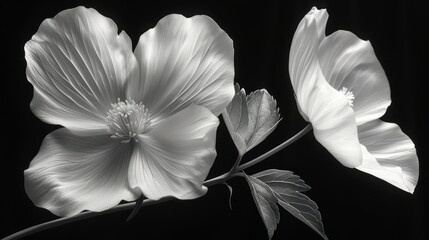  a black and white photo of a flower on a stem and a single flower on a stem with leaves on the stem and a single flower on the end of the stem.