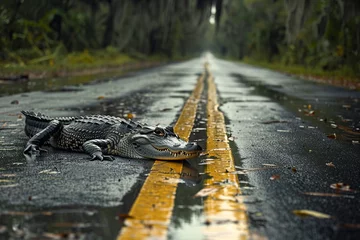 Foto op Plexiglas huge crocodile crossing the road © Jorge Ferreiro