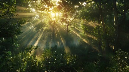 A panoramic view of a lush forest at sunrise, with rays of light piercing through the canopy