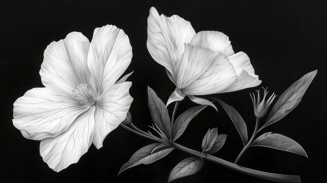  a black and white photo of two flowers on a stem with leaves on the stem and a single flower on the stem with leaves on the stem, on a black background.