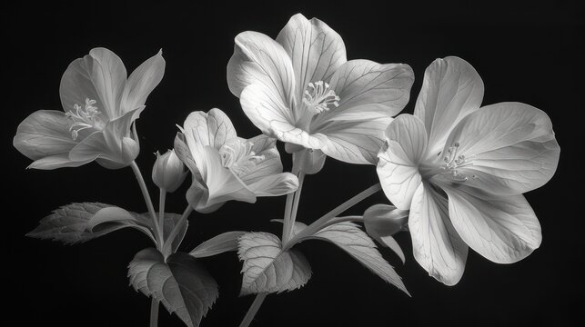  a black and white photo of a bunch of flowers on a stem with leaves on the stem and in the middle of the picture is a dark background is a black background.