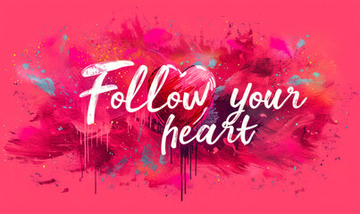Inspirational calligraphy Follow your heart with a watercolor heart illustration on a vibrant pink splash background, perfect for motivational posters