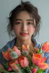 A young, pretty Asian woman with a bouquet of flowers.