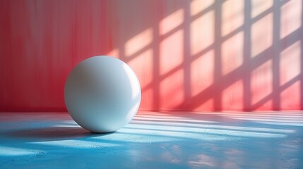  a white sphere sitting on top of a blue floor in front of a red wall with a long shadow of a window on the right side of the sphere and a red wall.