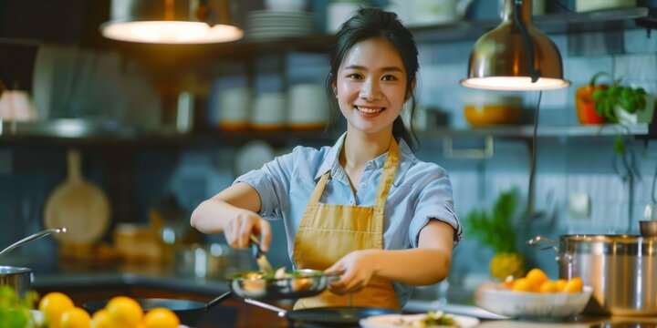 Young Asian Woman Cooking In The Kitchen Generative AI