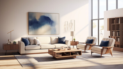 A modern living room with customizable furniture, featuring a dark blue armchair and a beige shag rug