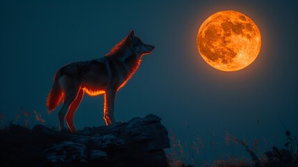 Fototapeta premium Wolf Standing on Hill Under Full Moon
