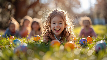 Little Girl Laying in Grass Surrounded by Easter Eggs - 750183944