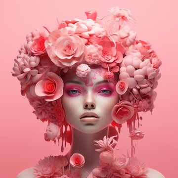 Fashion art portrait of a beautiful girl with pink make-up and flowers in her hair, Ai Generated