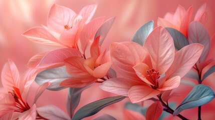  a close up of a pink flower with green leaves on a pink background with a blurry image of pink flowers with green leaves on the bottom right side of the image.