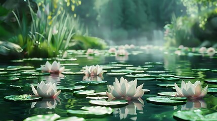 A serene pond with lotus flowers blooming, symbolizing purity, beauty, and rebirth