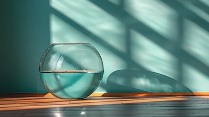  a glass vase sitting on a wooden floor in front of a green wall with a shadow of a leaf on the floor and a shadow of a wall behind it.