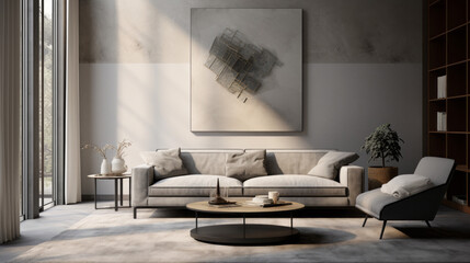 A modern living room with textured walls and geometric details, featuring a grey velvet sofa and a glass side table