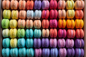 A colorful assortment of macarons neatly arranged in a box.