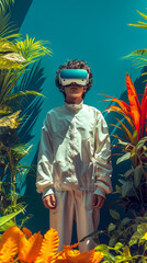 Virtual reality headset on boy surrounded by tropical plants, VR botanical garden, white jacket and meta quest