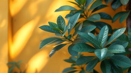  a plant with green leaves in front of a yellow wall with a shadow of a plant on the right side of the frame and a shadow of the plant on the left side of the wall.