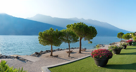 bathing area with lawn and flower pots, Limone sul Garda, lake Gardasee, italy