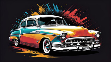Vintage Car with Colorful Grunge Splashes on Dark Background