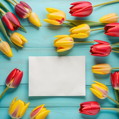 Blank card on a table with flowers, space for text. Top view.