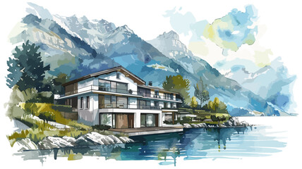 Luxus Villa Architektur Gebäude Immobilie Berge Fluss See Wasserfarben Vektor - obrazy, fototapety, plakaty