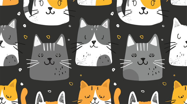 Cat seamless pattern cartoon cute animals on gray ba