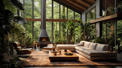 Fototapeta na wymiar A modern living room with an indoor garden, natural wood furniture, and an array of lush plants to bring the outdoors in