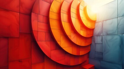  a red, orange, and blue wall with a sun in the middle of the wall and a block of red and blue blocks in the middle of the wall.