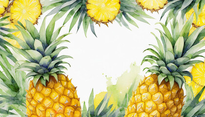 Watercolor frame featuring pineapple slices - obrazy, fototapety, plakaty