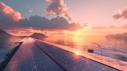 A solar farm at sunrise, panels glistening as they capture the first light of day, illustrating renewable energy solutions - obrazy, fototapety, plakaty
