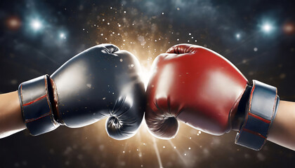 Boxing , close up of two boxing gloves hitting each other over dark background