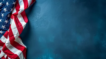 Foto op Plexiglas American flag waving on dark blue backdrop © Serhii
