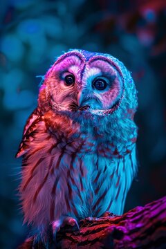 illustration, owl in neon colors on dark background