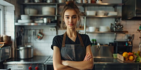 woman wearing an apron in the kitchen with her arms crossed Generative AI
