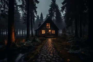 Keuken spatwand met foto Cozy forest cabin with warm fireplace and rustic wooden exterior among tall trees with winding path © Александр Клюйко
