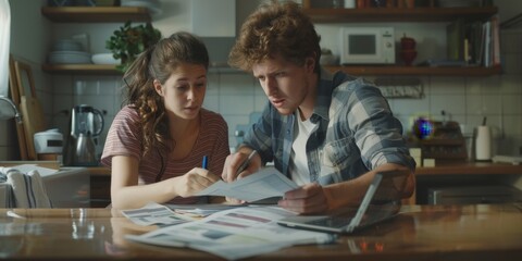 young couple sorting out bills in the kitchen Generative AI