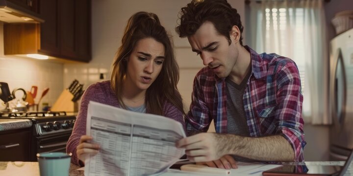 young couple sorting out bills in the kitchen Generative AI