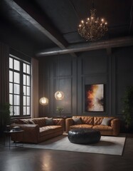 Bedroom interior in a loft apartment. minimalist decor in an industrial and Scandinavian design. Grey pillows on a double bed. 