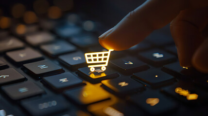 computer keyboard with key with shopping cart, online shopping concept