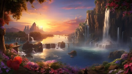 Fantasy landscape with cascading waterfalls and sunset. Digital art creation.