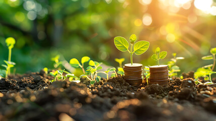 plant blooming from coins, concept savings investment earnings