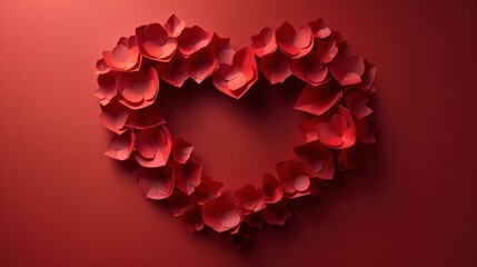  a heart shape made out of red paper on a red background with a shadow of the paper flowers in the shape of a heart on the left side of the heart.