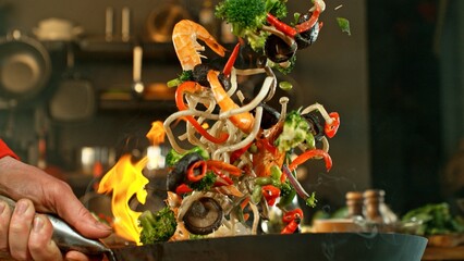 Freeze Motion of Wok Pan with Flying Asian Meal in the Air.