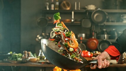 Freeze Motion of Wok Pan with Flying Asian Meal in the Air.