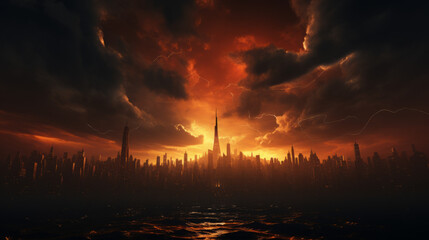 Vibrant Sunset Skyline: A Stunning City Landscape Silhouetted Against the Orange Evening Sky with Power and Energy of Industry at Dusk, generative AI