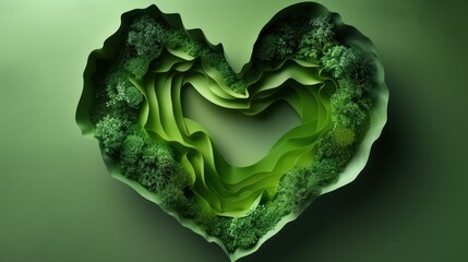  a heart shaped piece of broccoli with a green leafy pattern in the shape of a leafy heart on a green background with a light green background.